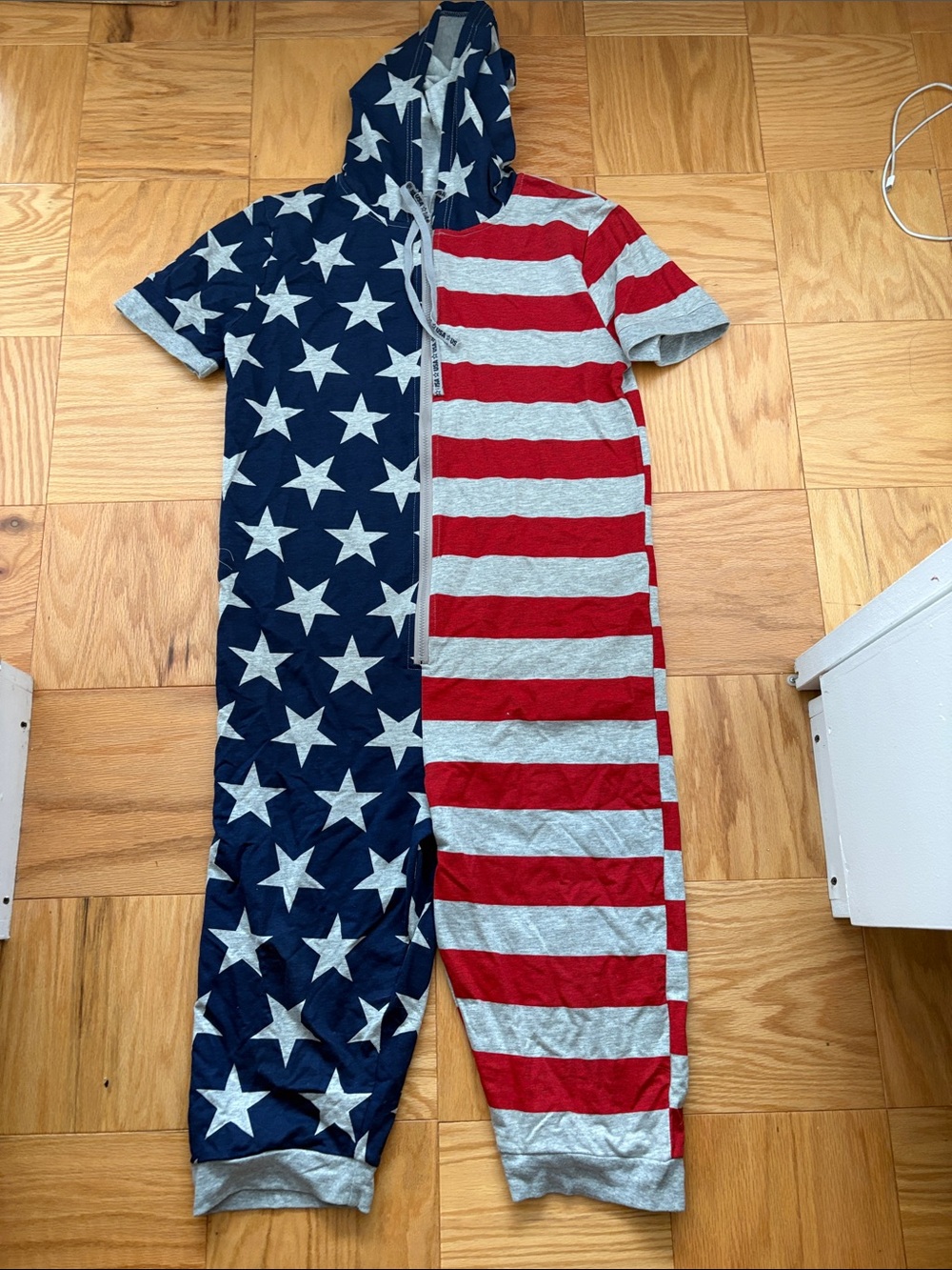 Women's Hooded Stars & Stripes Jumpsuit Romper - Red, Navy & Gray